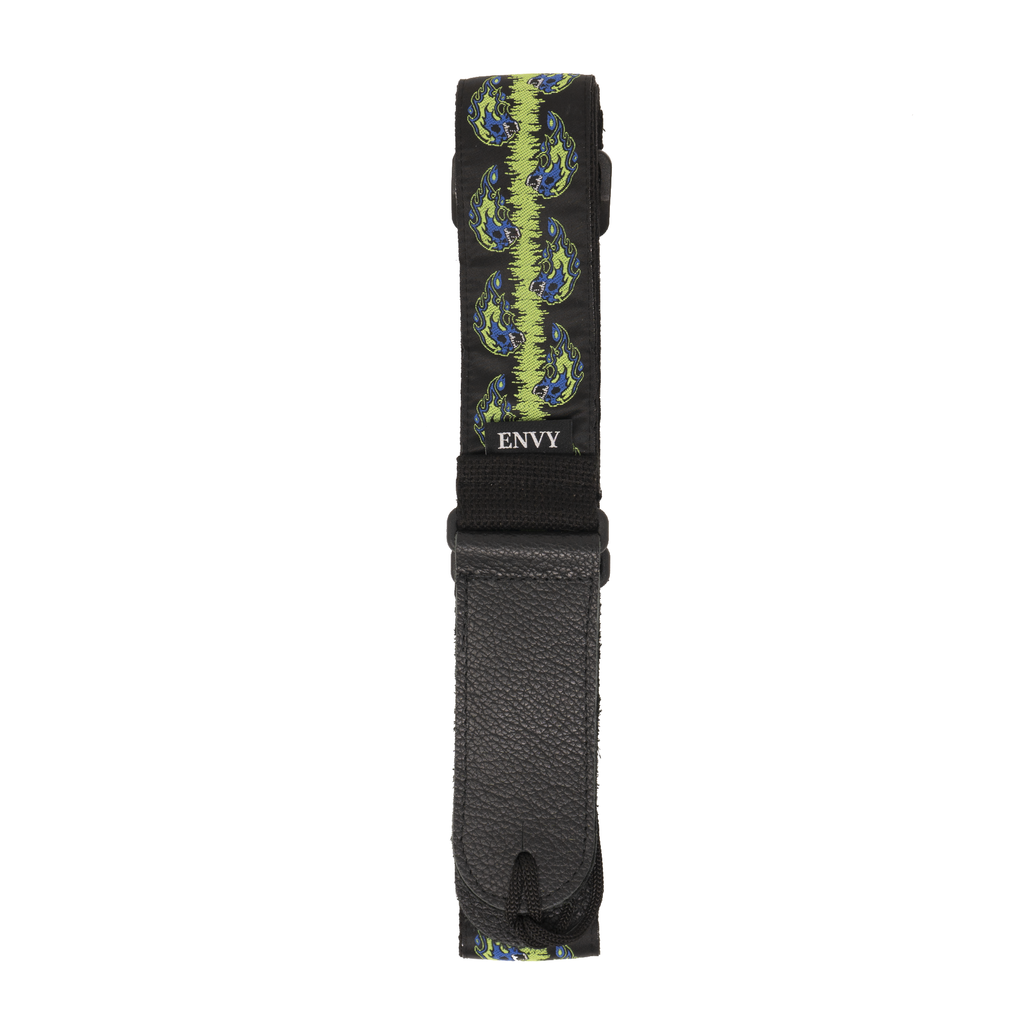 My Fave Guitar Strap in Green Flaming Skulls