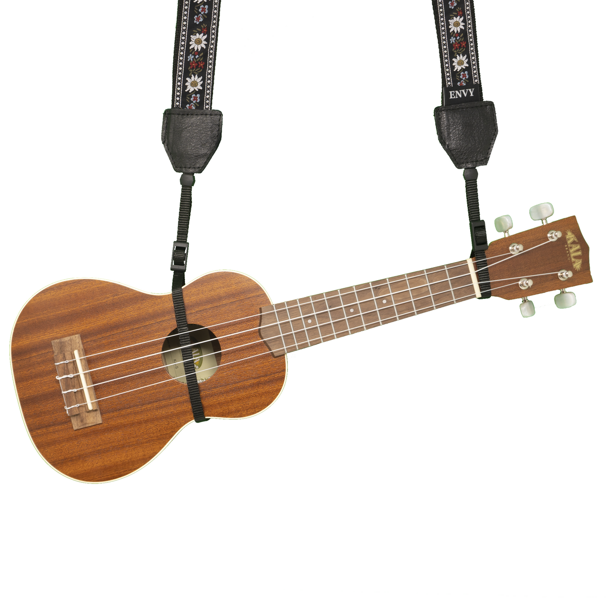 My Fave Ukulele Strap in Black Luau attached around the waist of the ukulele.