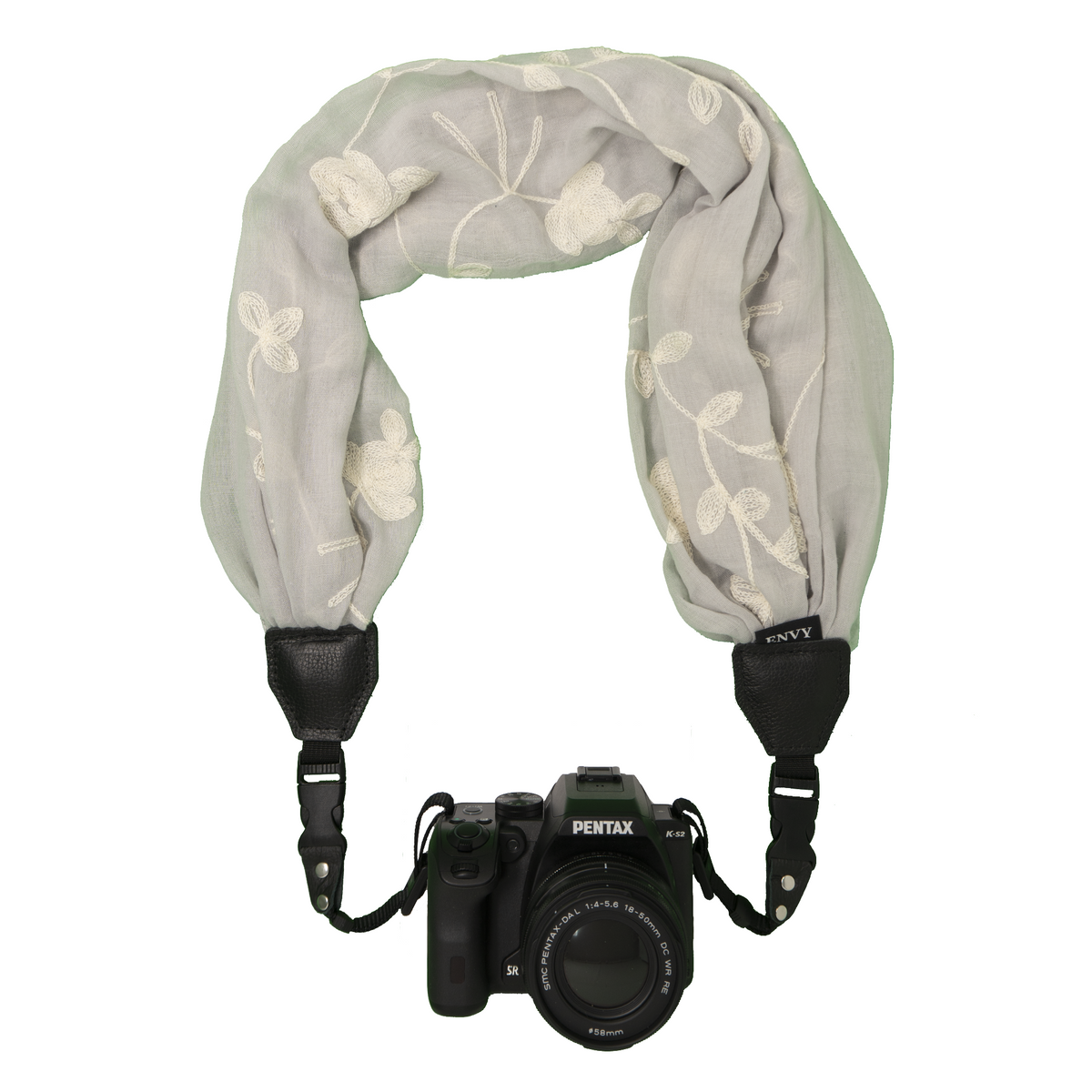 My Fave Camera Scarf Strap in Grey Embroidered Flowers